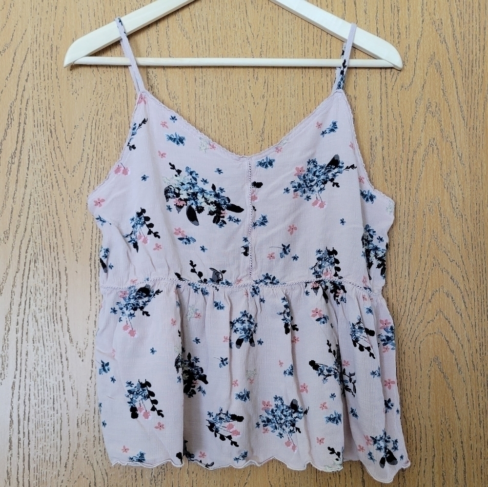 Maurices pink floral laser cut detail spaghetti strap barely crop swing top L